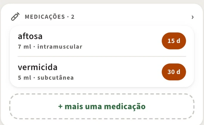 Medicações do manejo: aftosa 7 ml intramuscular com 15 dias de carência e vermicida 5 ml subcutânea com 30 dias.