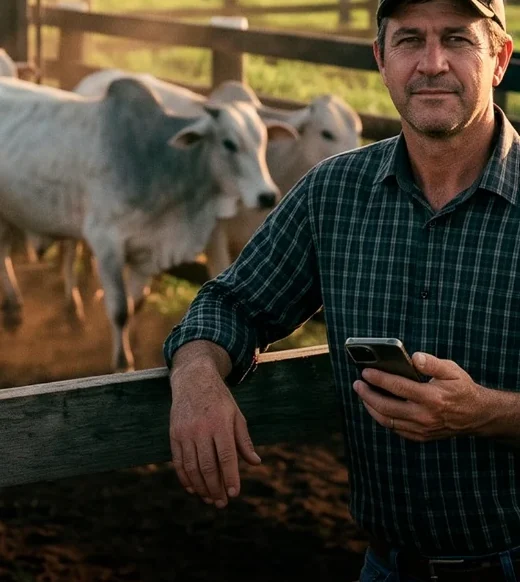 Pecuarista com o celular na mão, apoiado na cerca do curral, com o gado ao fundo.
